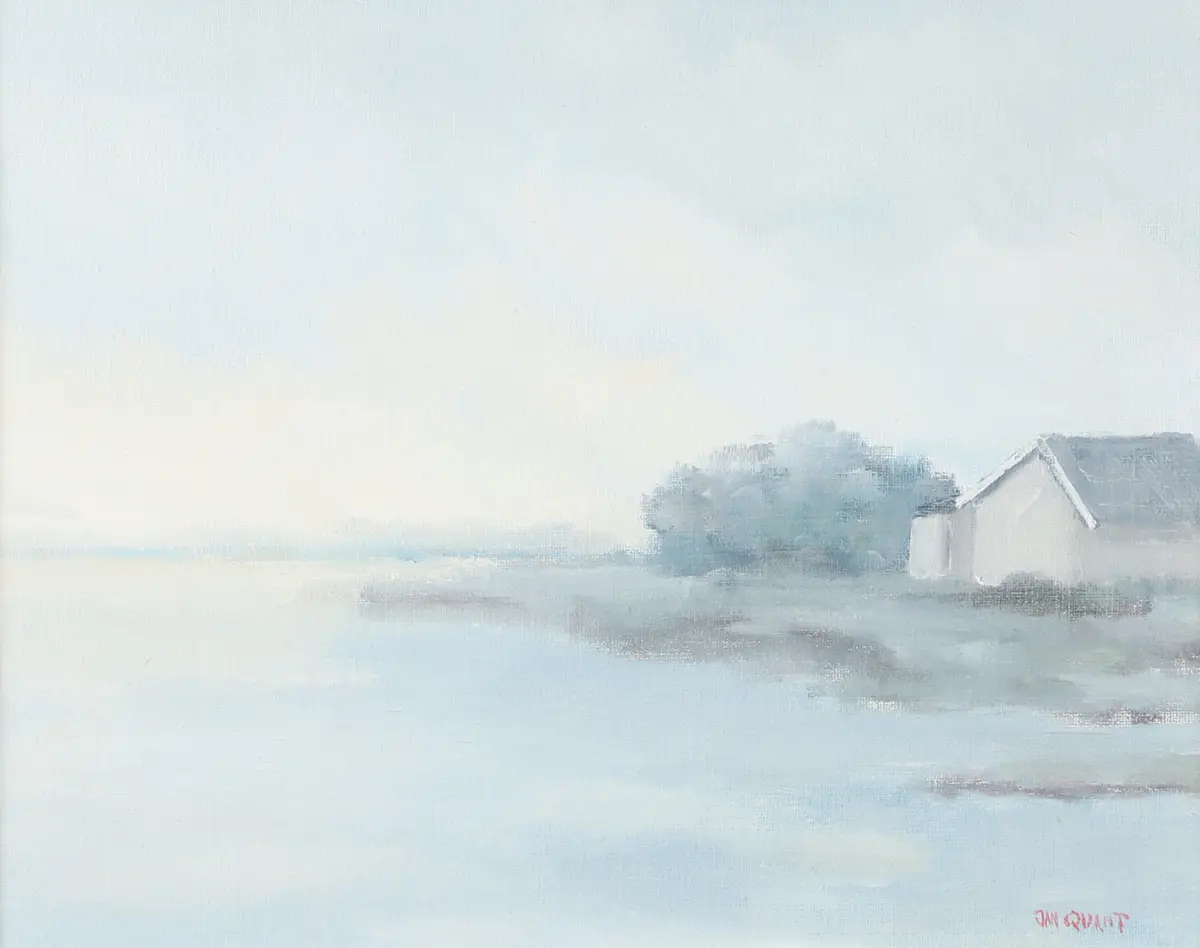 JAN QUANT. Sjölandskap med hus, olja på duk, signerad.