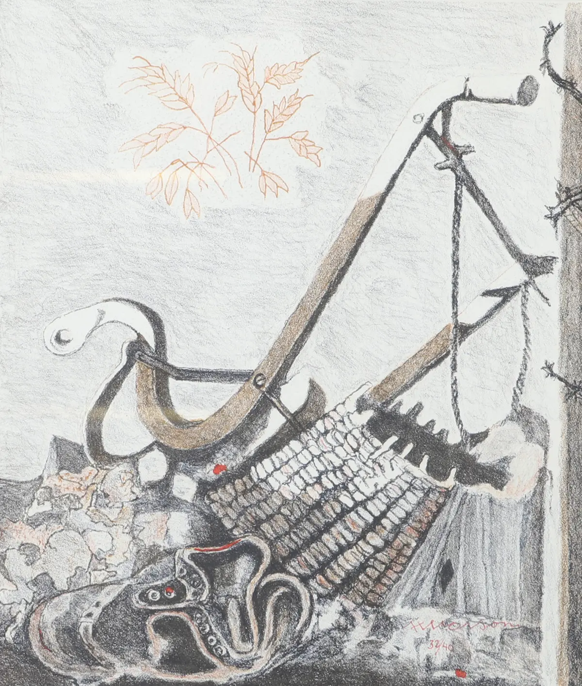 AXEL OLSON. "Den sista plogen", färglitografi, signerad.