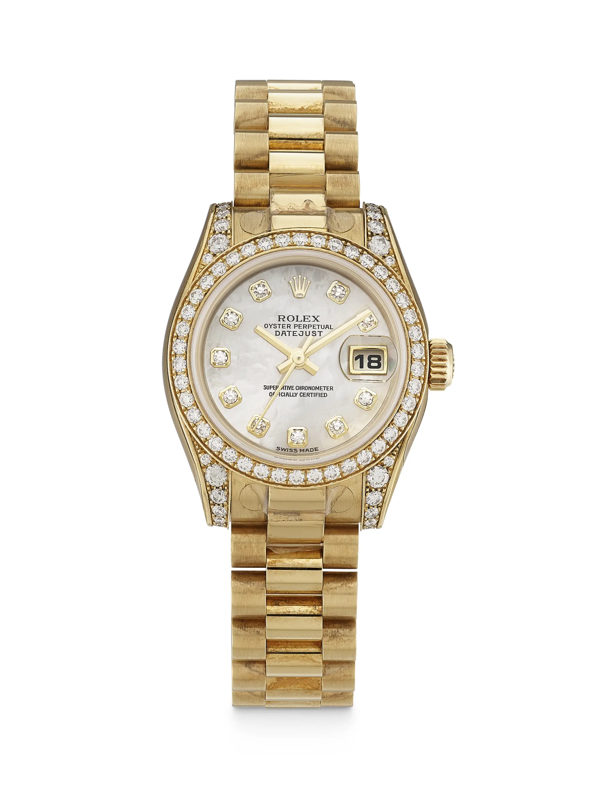 ROLEX. A LADY'S 18K GOLD AND DIAMOND-SET WRISTWATCH WITH DATE, SWEEP