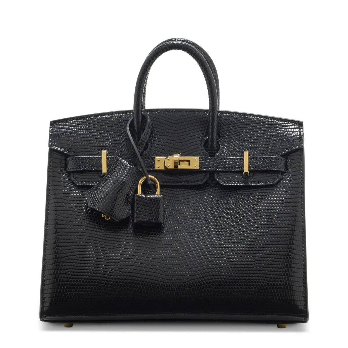 A RARE, SHINY BLACK NILOTICUS LIZARD SELLIER BIRKIN 20 WITH GOLD HARDWARE