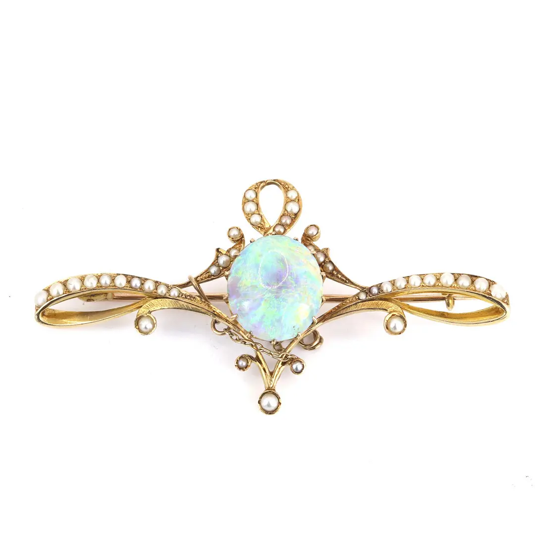 18CT GOLD OPAL & PEARL BROOCH.