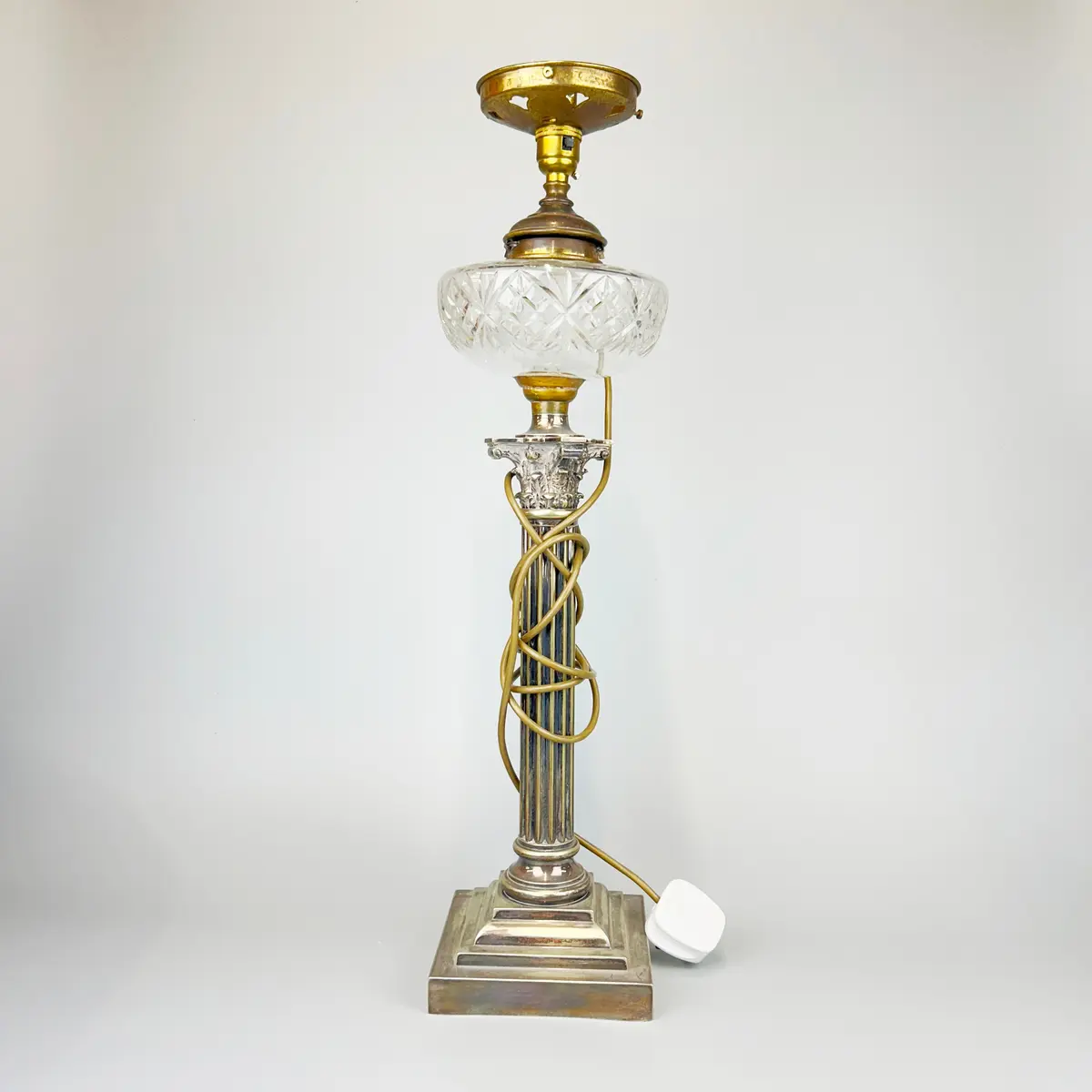 SILVER PLATE & GLASS TABLE LAMP.