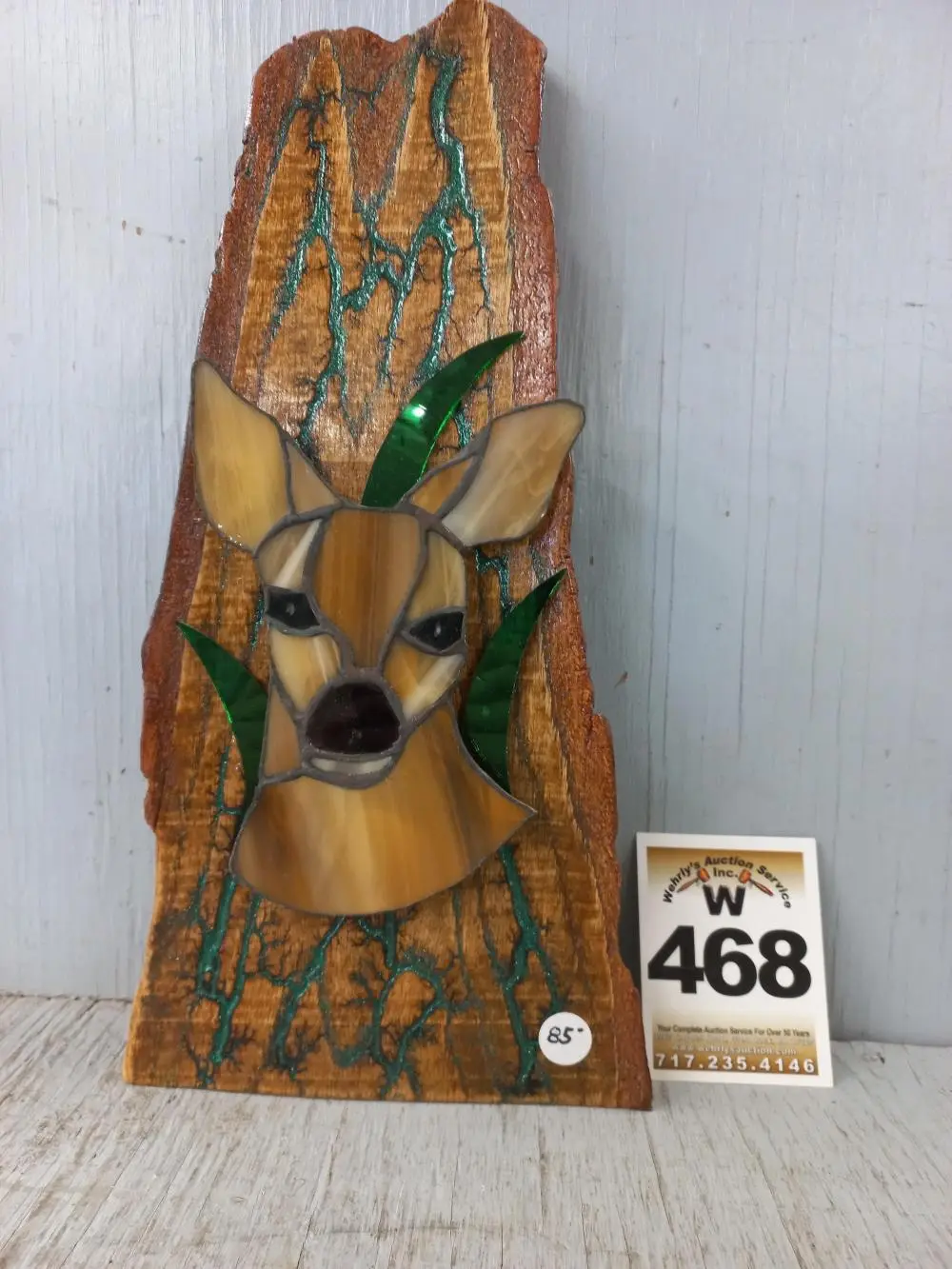 Burning Artwork w/Deer Head stain glass