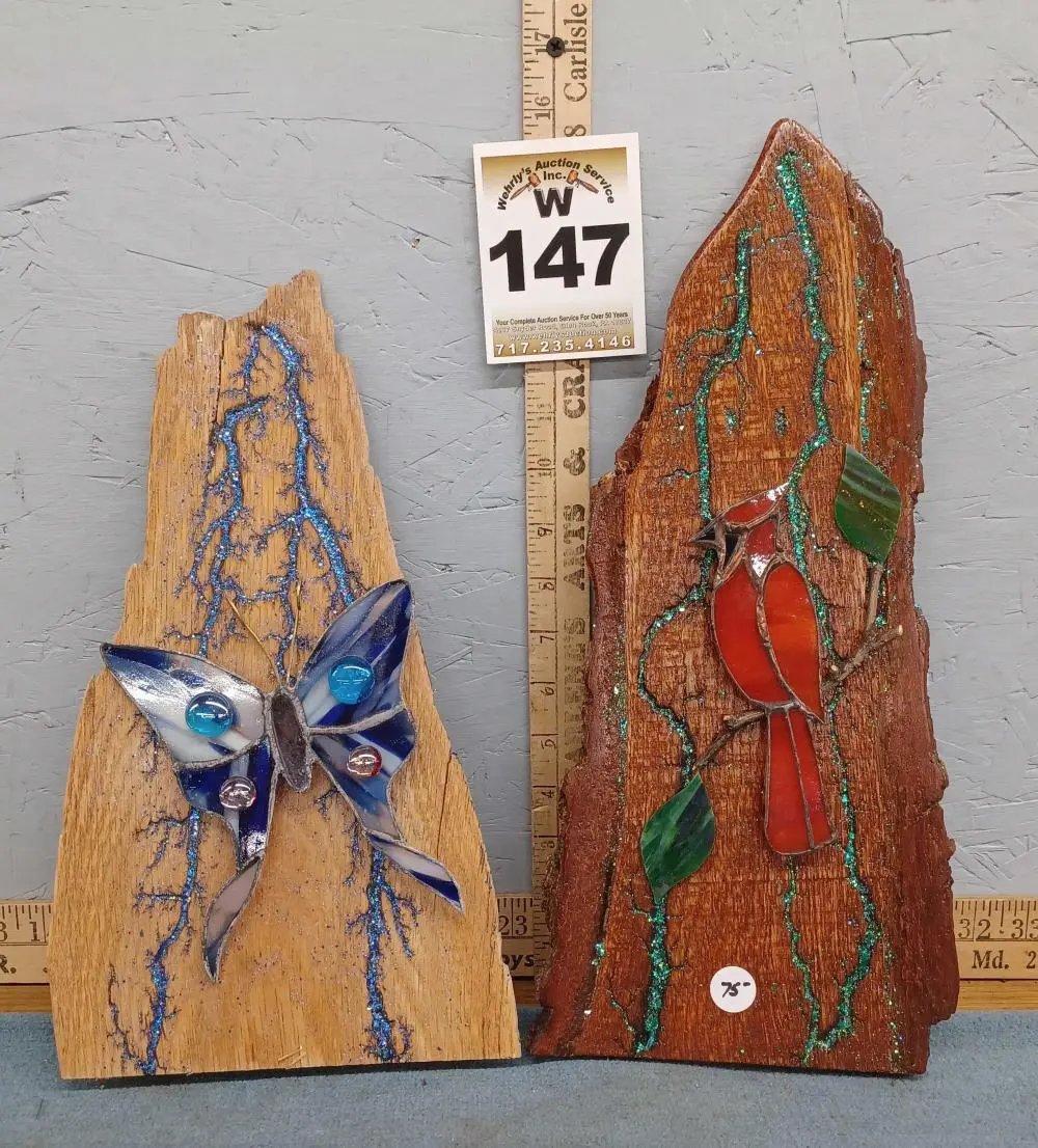 2 Stained Glass and Wood Burned Artwork, unmarked