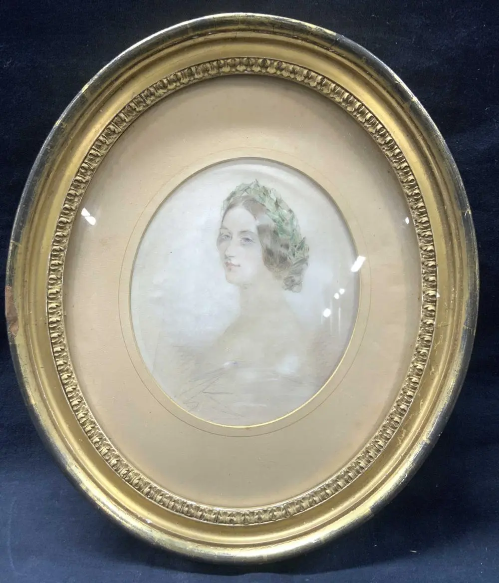 Antique Graphite & Pastel Portrait In Gilt Frame