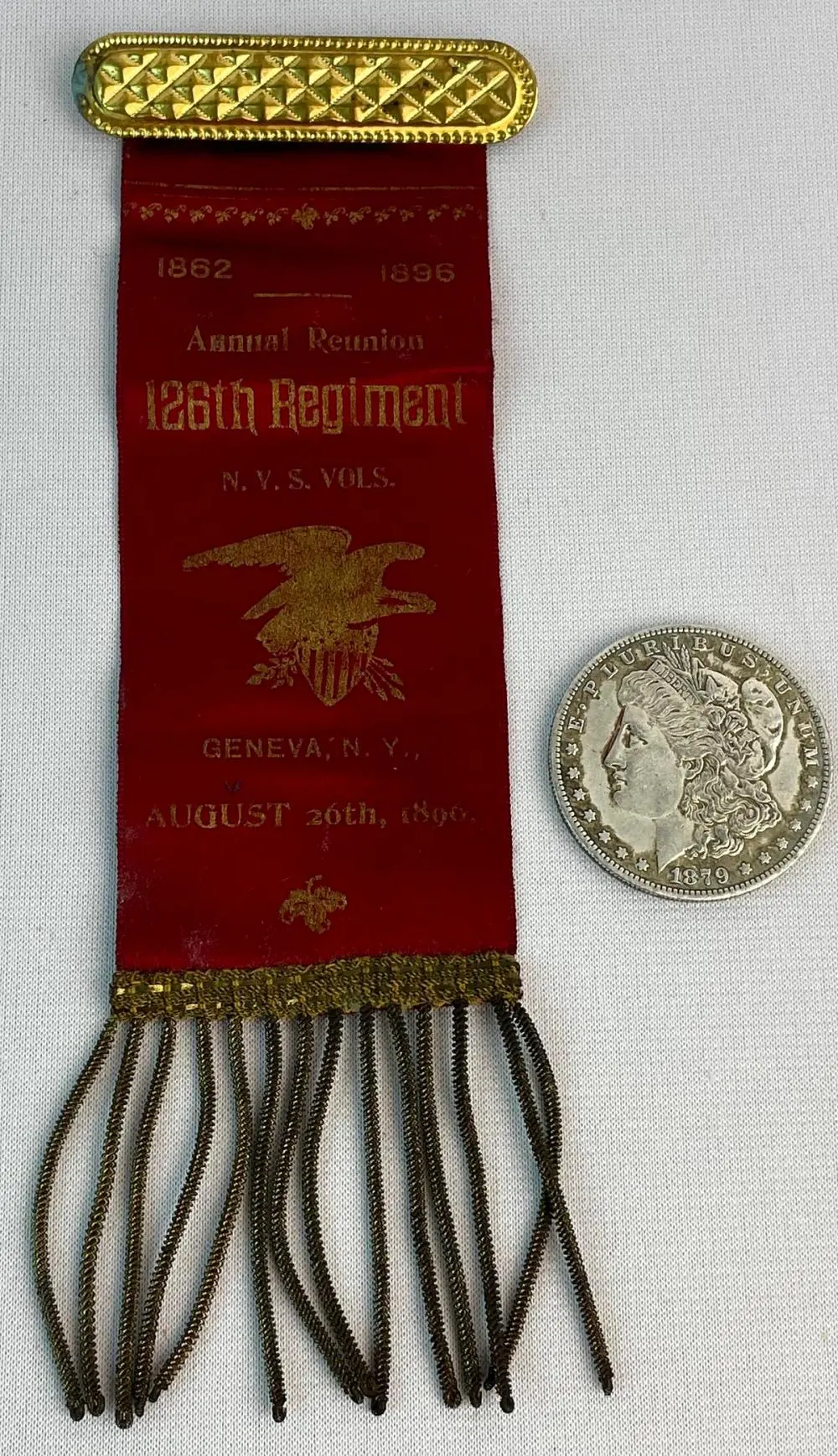 Antique 1896 Geneva NY Volunteers 126th Civil War Reunion Silk Ribbon W/ Tassels