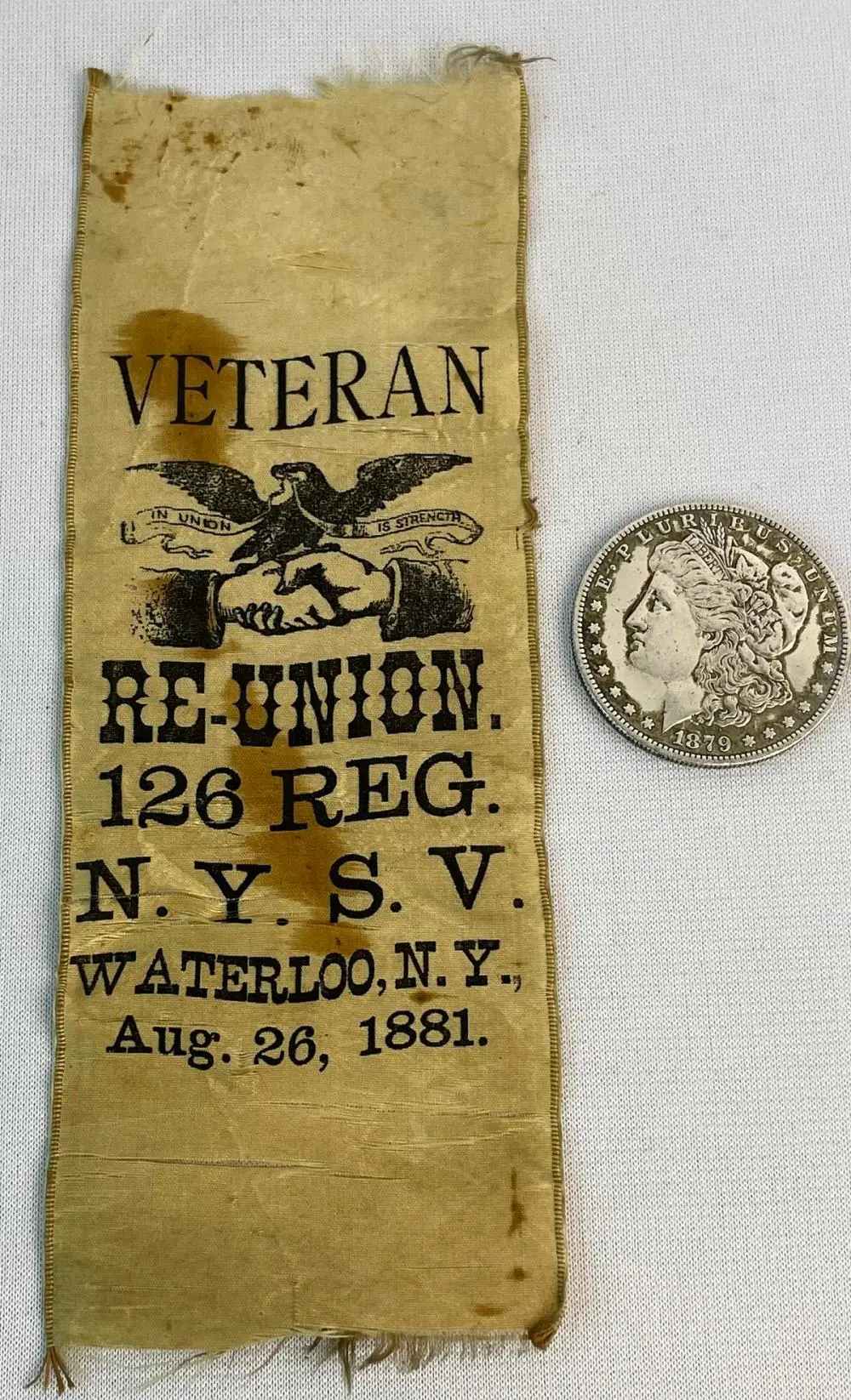 Antique 1881 Waterloo NY 126th Civil War Reunion Silk Ribbo