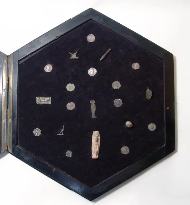 Antique frame set of ancient coins & Egyptian amulets