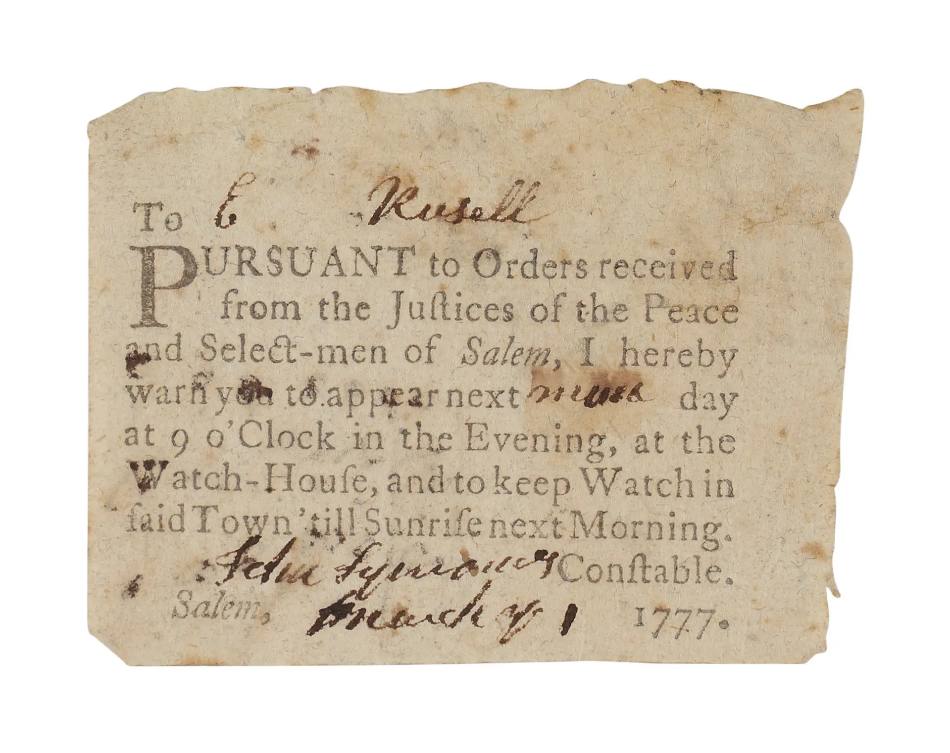 Russell, Ezekiel | A very scarce Salem handbill issued to...