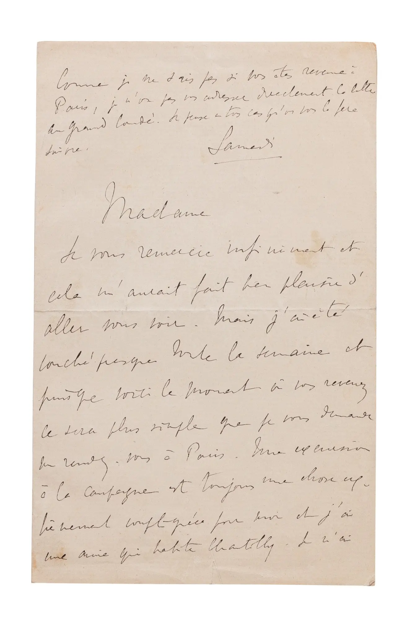 Lettre autographe signée à Mme Tristan Bernard
