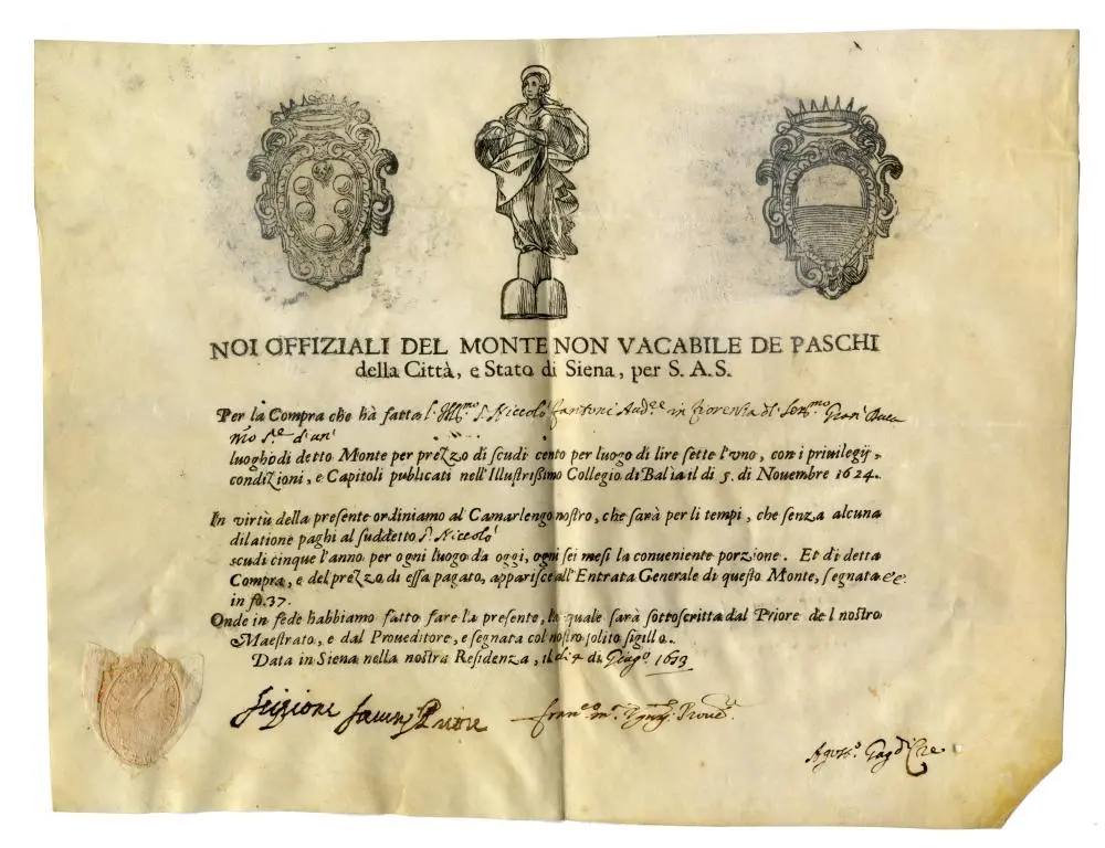 1 Monte del Monte de Paschi di Siena. Datato 1673.