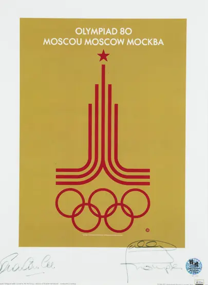 Moscow 1980 Olympic Games reproduction poster signed by the British gold me