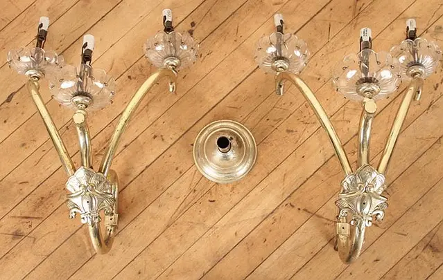 PAIR 3 ARM ELECTRIC BRASS CRYSTAL WALL SCONCES
