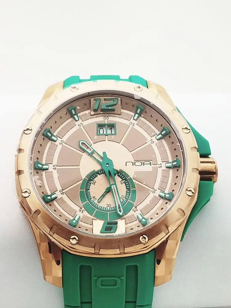 Brand New NOA Mens Model SK3H 010 Watch w/ Green Rubber Band Retail $625.