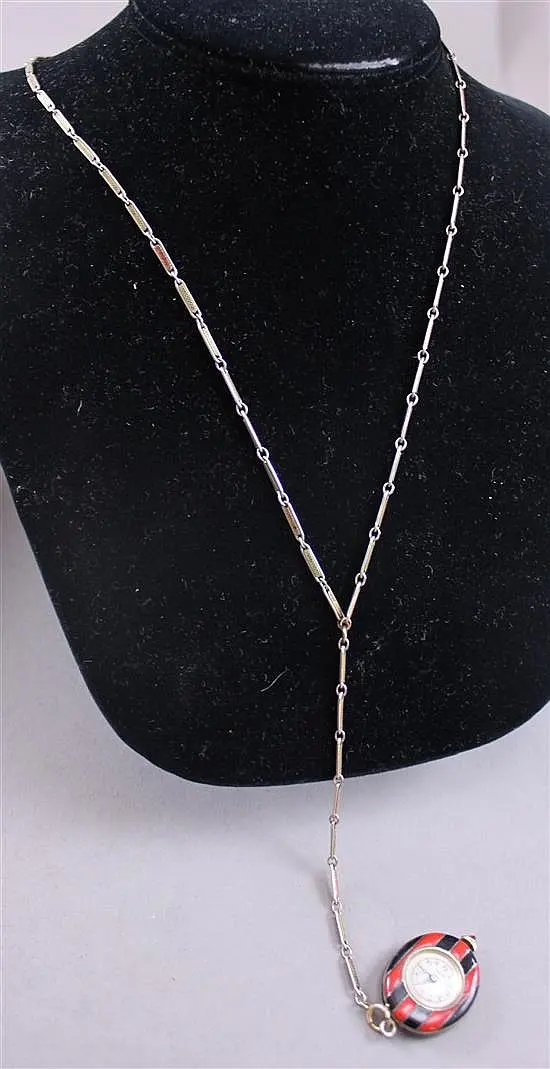 ARISTO BLACK AND RED ART DECO PENDANT WATCH WITH SILVER TONE NECKLACE CHAIN