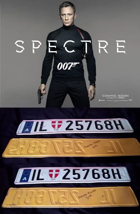 James Bond - Spectre - prop - official registration plates from the Range Rover stuntcar driven by the henchmen from Blofeld in the movie