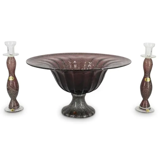 (3 Pc) Lg Murano Glass Centerpiece Bowl W/ Candlesticks, Poss. Tagliapietra