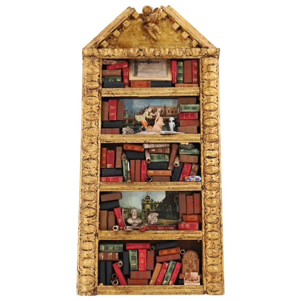Signed Mastro Gabriel Italian Wooden Bookshelf Diorama