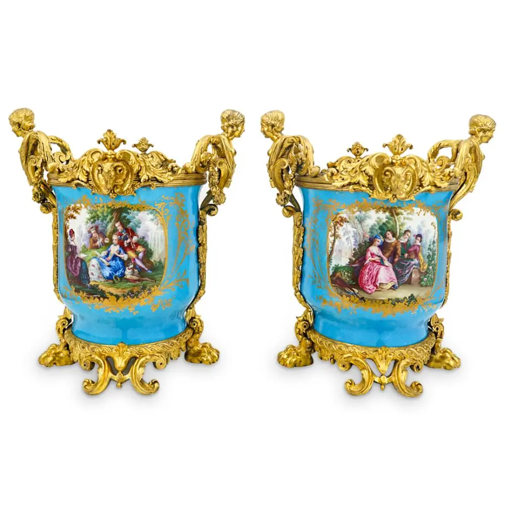 Antique Pair of Sevres Porcelain Dore Cachepots
