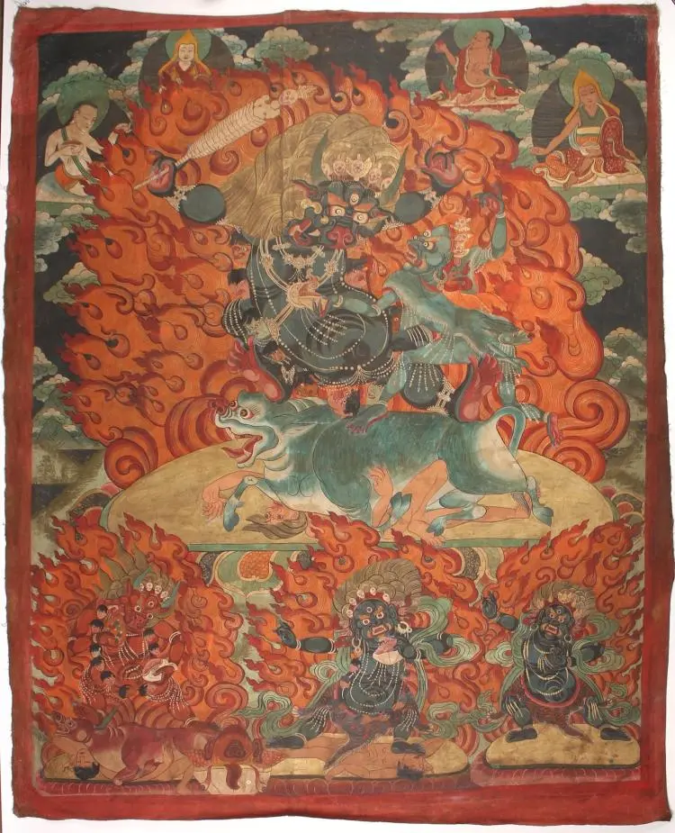 18TH C. THANGKA OF FLAMING YAMANTAKA