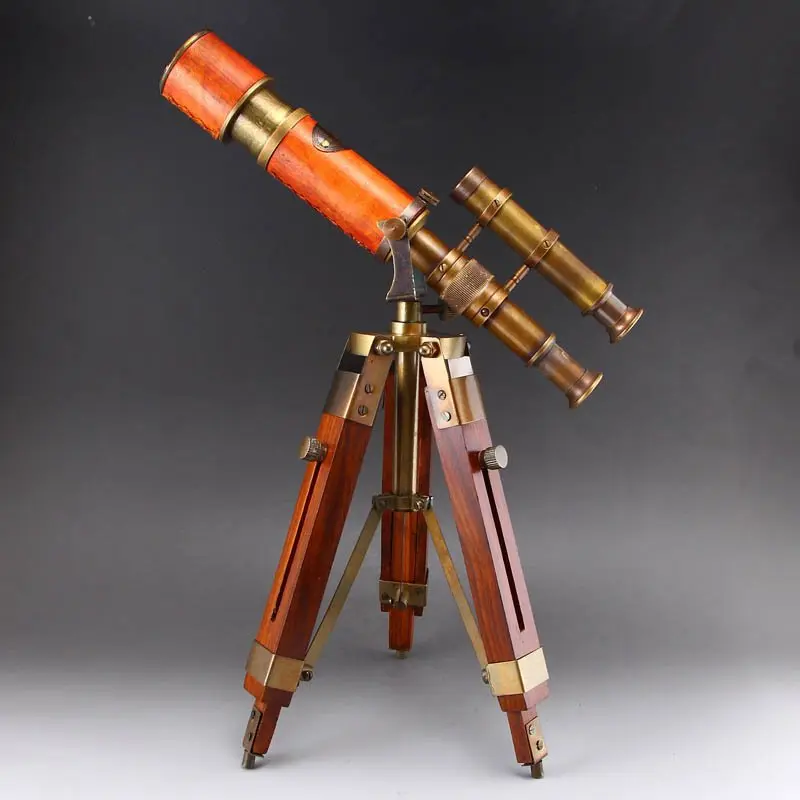 Vintage Chinese Brass Telescope w Hard Wood Trestle