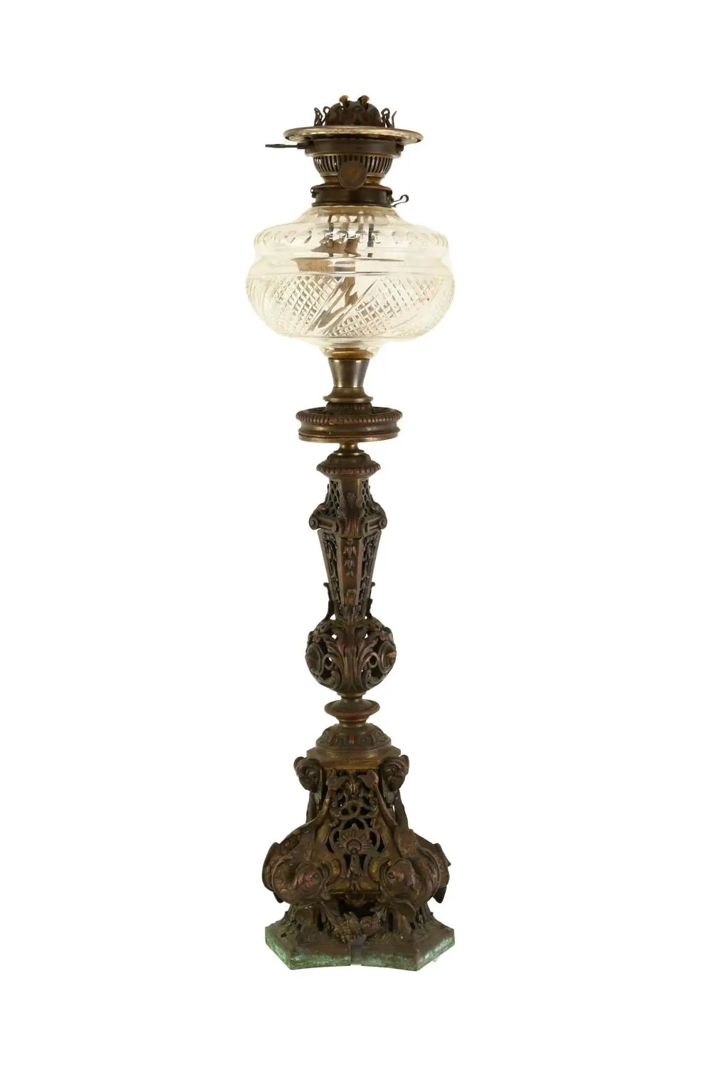 Victorian Cast Bronze Cut Glass Banquet Size Lamp