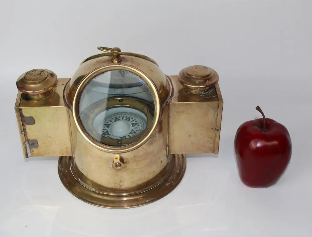 Antique German brass ship binnacle with compass & oil lamps