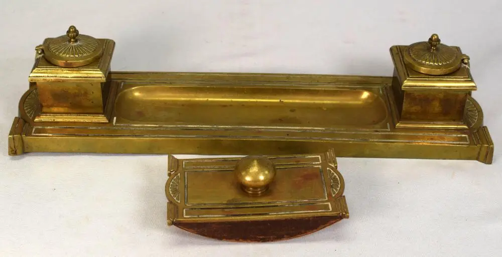 BRASS ART NOUVEAU INKWELL AND BLOTTER