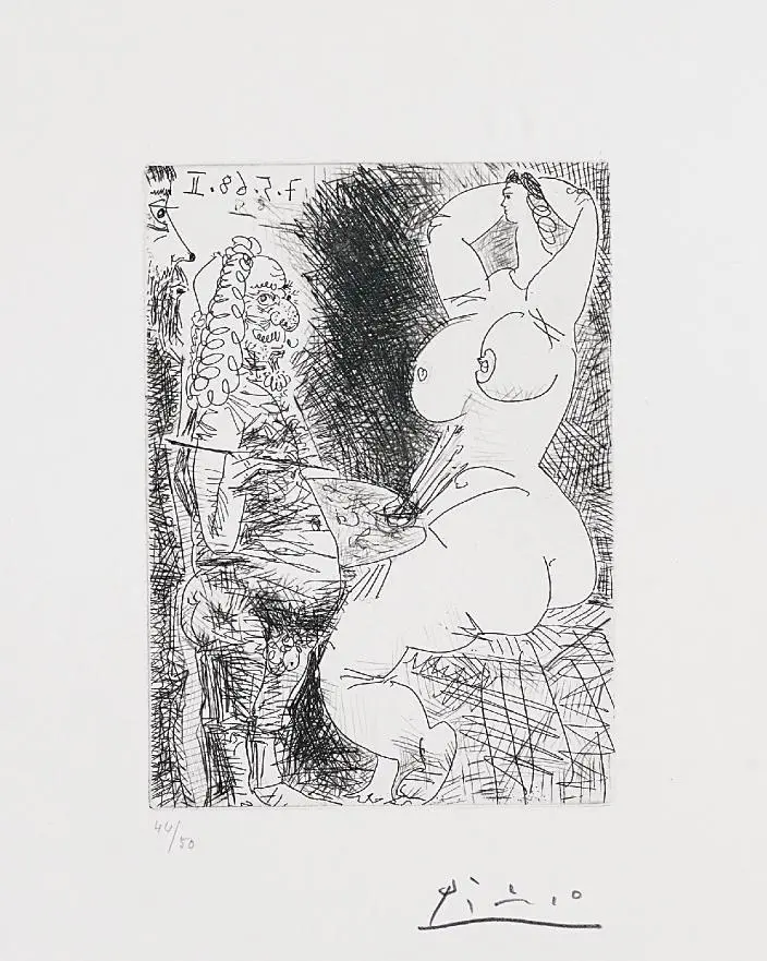Vieux Peintre, Modèle et Spectateur (Old Painter, Model and Spectator), pl. 68 from Séries 347, 1968 – Pablo Picasso