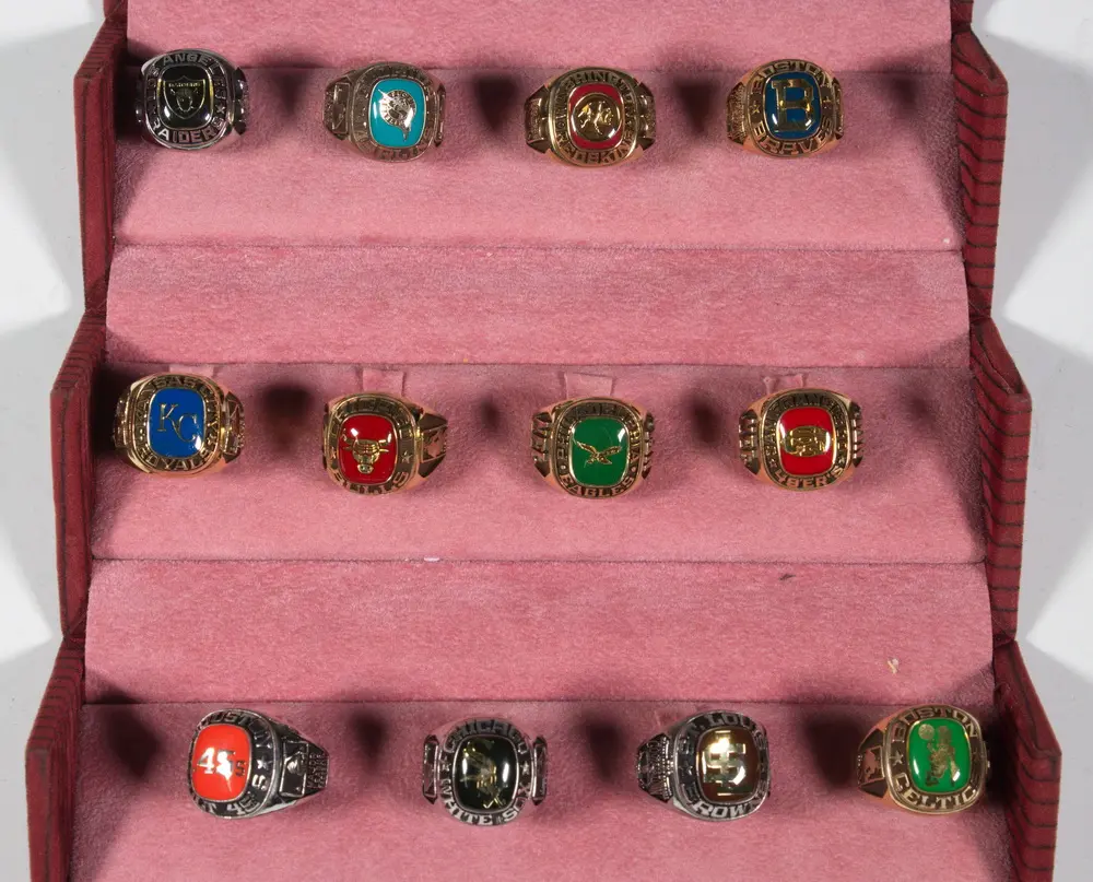 (12) PROFESSIONAL SPORTS REPLICA TEAM RINGS, NFL, NBA & MLB, IN CASE
