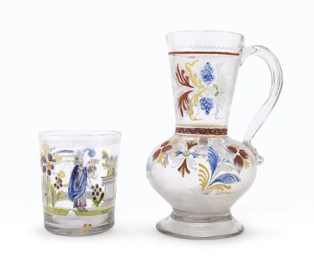 BLOWN GLASS CUP AND JUG, 19th CENTURY
