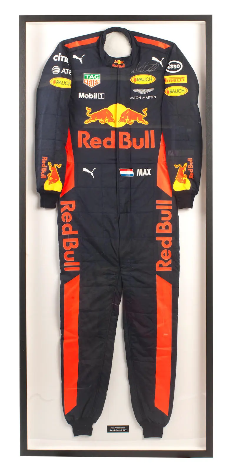 A set of signed Max Verstappen 2017 Formula 1 season Red Bull Racing race overalls, Offered for sale on behalf of Wings for Life,