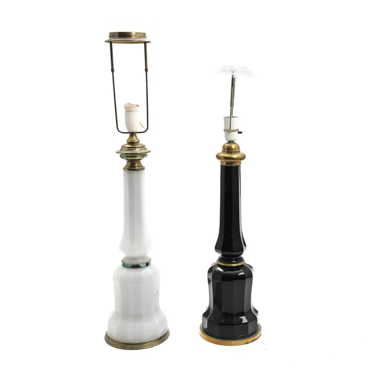 Two Heiberg table lamps of black and white opaline glass...