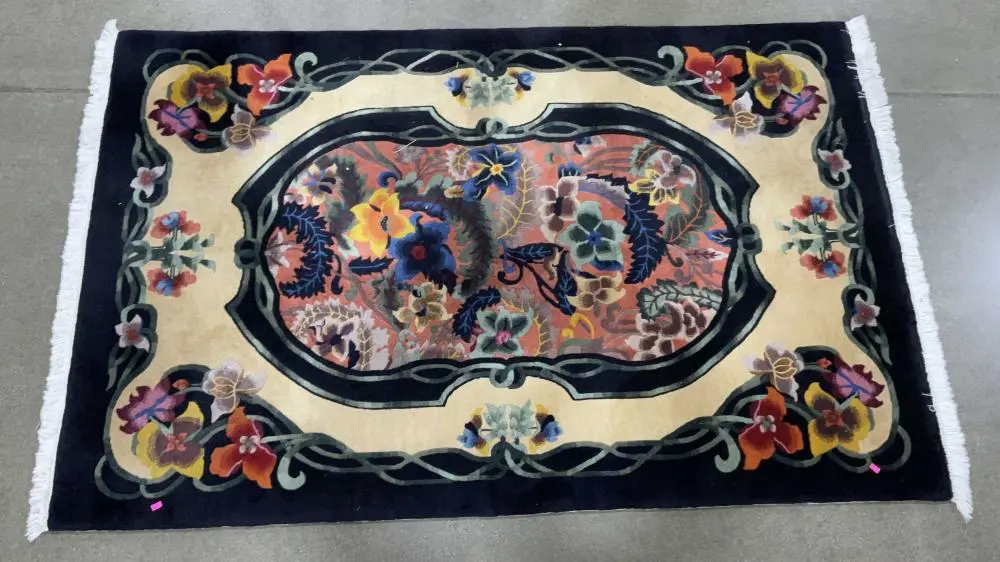 76in Art Nouveau Inspired Floral Fringed Area Rug